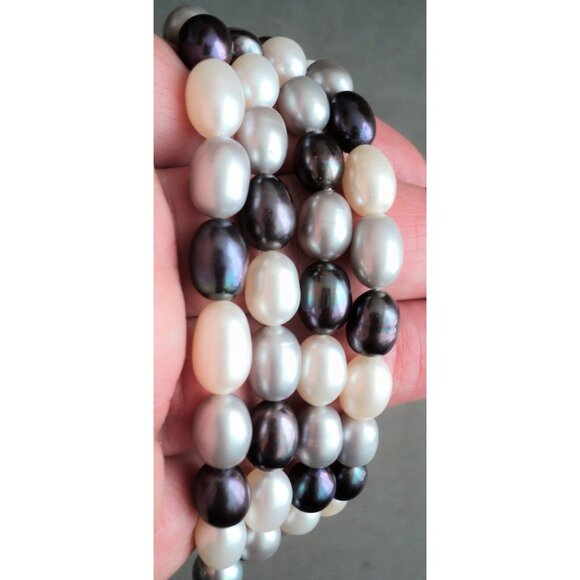 Opera Extra-Long 36" Real PEARL NECKLACE Oblong WHITE Silver BLACK 8mm Vintage - Picture 4 of 4